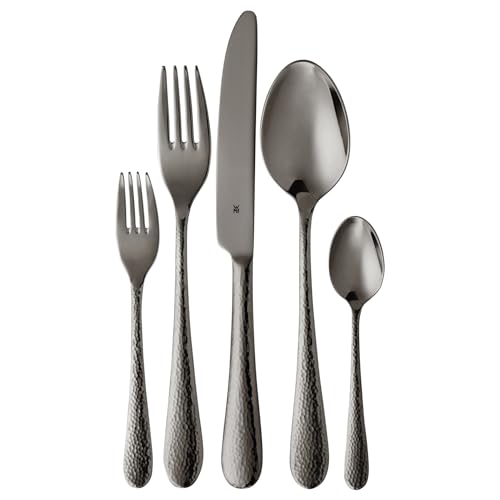 WMF Sitello Besteck Set 6 Personen, Midnight-Edition, Essbesteck Set 30 teilig, Monobloc-Messer, Cromargan Edelstahl poliert, Hammerschlag, ergonomisch, glänzend von WMF