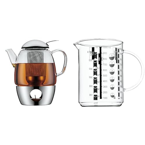 WMF SmarTea Teekanne mit Stövchen Set 3-teilig, Cromargan Edelstahl, Glaskanne 1l mit Siebeinsatz und Stövchen, spülmaschinegeeignet & Gourmet Glas Messbecher 1l, hitzebeständiges Glas von WMF