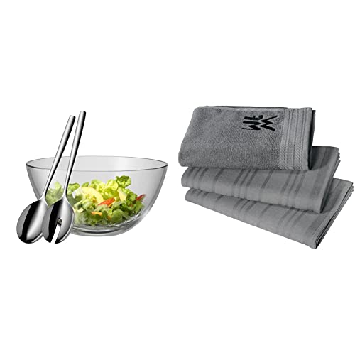 WMF Taverno Salatschüssel Set 3-teilig, Salatbesteck 25 cm mit Salatschale, runde Schale 23,5 cm & Küchenhandtuch-Set 3-teilig, Baumwolle Küchentücher, 2 Geschirrtücher, Handtuch, Geschirrhandtuch von WMF