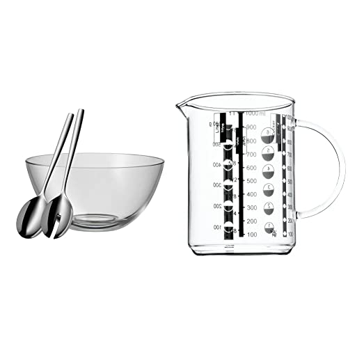 WMF Taverno Salatschüssel Set 3-teilig, Salatbesteck 25cm mit Salatschale, spülmaschinengeeignet & Gourmet Glas Messbecher 1l, hitzebeständiges Glas, Skalierung für Liter, Milliliter, Tassen und Gramm von WMF