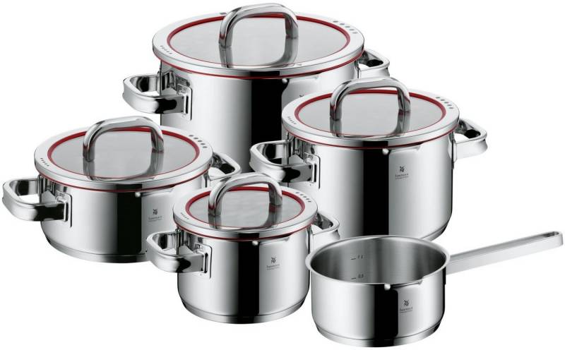 WMF Topf-Set Function 4, Glasdeckel mit 4 Abgießfunktionen, poliert, unbeschichtet, Cromargan® Edelstahl Rostfrei 18/10 (Set, 5-tlg., 1 Bratentopf 20cm, je 1 Fleischtopf 16/20/24cm, 1 Stielkasserolle 16cm), Induktions Töpfe Set, Innenskalierung, für alle Herdarten geeignet von WMF
