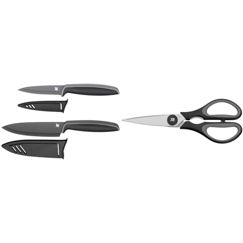 WMF Touch Messerset 2-teilig, Küchenmesser mit Schutzhülle, Spezialklingenstahl antihaftbeschichtet, schwarz & Touch Küchenschere 21 cm, Haushaltsschere mit Sägeschliff, schwarz von WMF