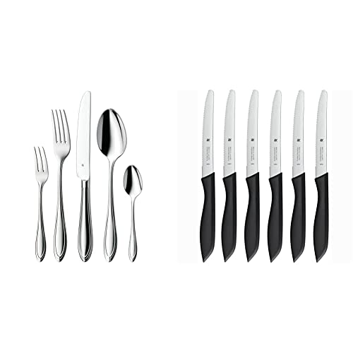 WMF Verona Besteckset, 60-teilig, spülmaschinengeeignet & Classic Line Frühstücksmesser Set 6-teilig, 23 cm, Brötchenmesser Wellenschliff, Brotzeitmesser, Spezialklingenstahl, Kunststoffgriff, schwarz von WMF