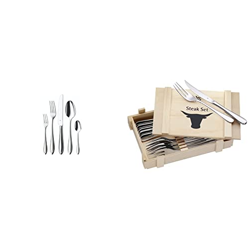 WMF Verona Besteckset 6 Personen, 30 teilig, Monobloc-Messer, Cromargan Edelstahl poliert, glänzend & Steakbesteck 12-teilig Steakgabel Steakmesser für 6 Personen in Holzkiste Cromargan Edelstahl von WMF