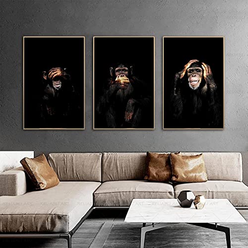 WMHHN Gedruckt auf Leinwand 3 Stück 40 x 60 cm rahmenlose Tierwandkunst 3 Affen sprechen Nicht, sehen Nicht, hören Nicht zu Poster und drucken Wohnzimmerdekorbild von WMHHN