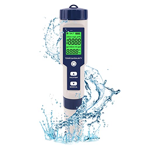 Digitales PH Messgerät,PH/TDS/EC/Salzgehalt/Temp 5-in-1 Salzgehalt Temperatur pH Tester Automatische Temperaturkompensation Hochpräziser Stifttyp Tester,Wasserfest Wasser-pH-Meter von WMLBK