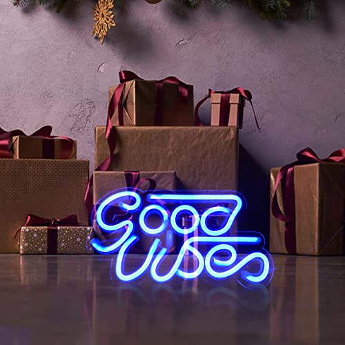 Good Vibes Neonschild, LED-Neonschild mit Acrylplatte mit zwei Haken, USB-Neonschild, Dekoration für Schlafzimmer, Ankleidezimmer, Spielzimmer, Bar, Hochzeit, Party (blau, 32,8 x 17,8 cm) von WMLBK