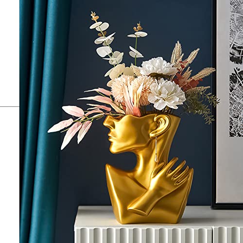 Kreativität Vasen Deko,Moderne Vase Gesicht Statue Schmuckständer Blumentopf Kunstverzierung Haus Dekoration Blumenvasen für Pampasgras Wohnzimmer Schlafzimmer (Gold) von WMLBK