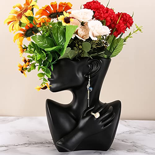 Kreativität Vasen Deko,Moderne Vase Gesicht Statue Schmuckständer Blumentopf Kunstverzierung Haus Dekoration Blumenvasen für Pampasgras Wohnzimmer Schlafzimmer (schwarz) von WMLBK