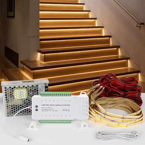 LED Treppenstufenbeleuchtung mit Bewegungsmelder,LED Treppensensor Licht Komplettes Treppenlichtset Schritt Licht LED-Treppenlichtleiste - 16 Stufen (Warmes Licht 2700K-1 Modi) von WMLBK