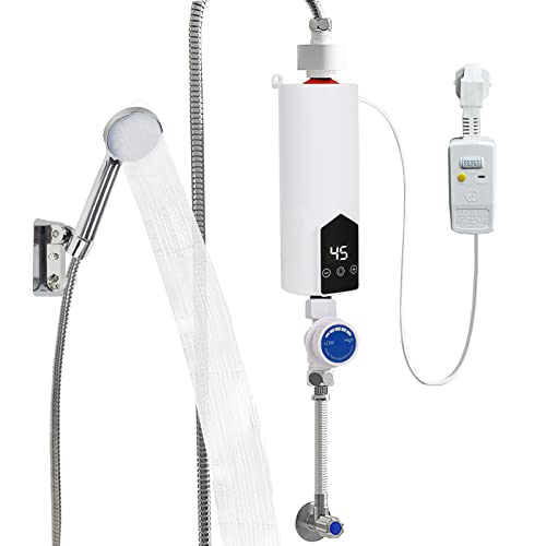 Mini Elektrische Durchlauferhitzer 5500W Wasserhahn mit Duschkopf & LED-Anzeige,220V IPX4 Wasserdicht Schnelle Erwärmung Durchlauferhitzer für Küche Bad (Stil A*（ mit EU-Stecke & 1,8M Netzkabel）) von WMLBK