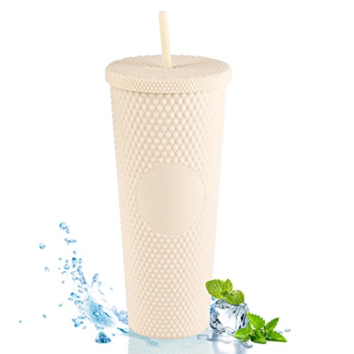 WMLBK Nieten Becher mit Deckel und Strohhalm,710ml Strohbecher Doppelwandige Kaltbecher Wiederverwendbar Plastik Trinkbecher für Saft Kaffee Home Office Wiederverwendbar(Weiß Gelb) von WMLBK