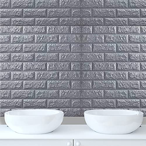 WMLBK 10 Stück 3D Selbstklebend Tapete,77x70cm Wasserdicht Wandaufkleber Ziegel Tapete Wandtapete Schaumstoff für Schlafzimmer,Wohnzimmer,TV-Wand,Haus Dekoration (Silber grau) von WMLBK