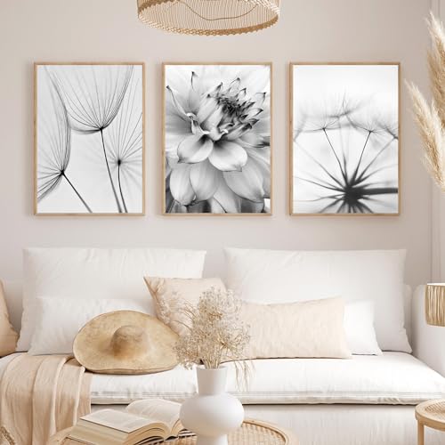 WMLBK 3er Poster Set Schwarz Weiß Poster Aesthetic Wandbilder Wohnzimmer Modern Bilder Leinwandbilder Löwenzahn Blumen Wandbilder Kunstplakat Wanddeko - ohne Rahmen (21x30cm, B) von WMLBK