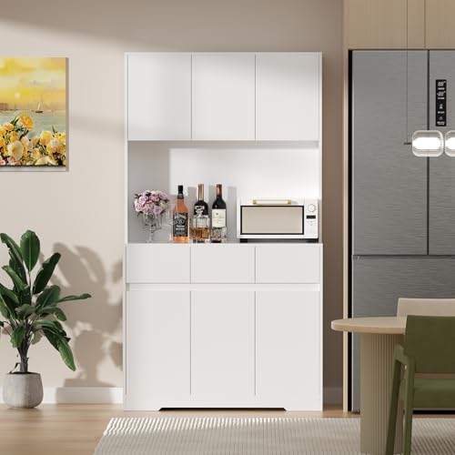 WMLBK Küchenschrank Weiß mit Steckdose, Buffetschrank mit 3 Schubladen und LED - Vitrinenschrank Vorratsschrank Geschirrschrank für Esszimmer Küche 170x100x38.5cm von WMLBK