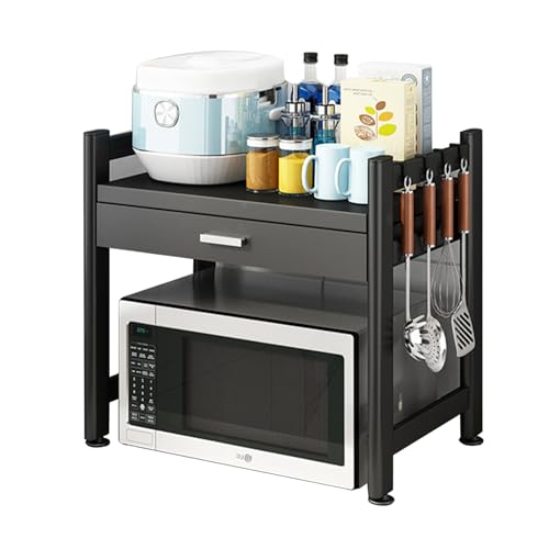 WMLBK Mikrowellen Regal Mikrowellenschrank Organize mit Ausziehbarer Organizer Mikrowellenregal aus Kohlenstoffstahl Mikrowellenständer 56cm Küchenregal für Küche Organizer (Schwarz, 2 Etagen) von WMLBK