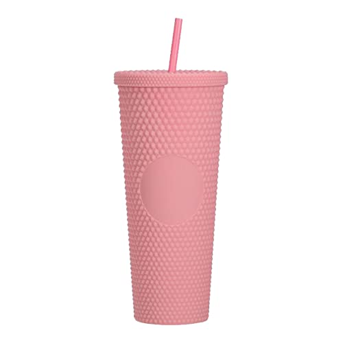 WMLBK Nieten Becher mit Deckel und Strohhalm,710ml Strohbecher Doppelwandige Kaltbecher Wiederverwendbar Plastik Trinkbecher für Saft Kaffee Home Office (Rosa) von WMLBK