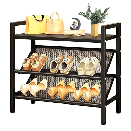 WMLBK Schuhregal Schwarz aus Metall, Platzsparender Schuhorganizer mit 3 Schrägen Netzböden & Oberer Ablage, Ideal für Flur, Schrank 50 x 19 x 65 cm von WMLBK