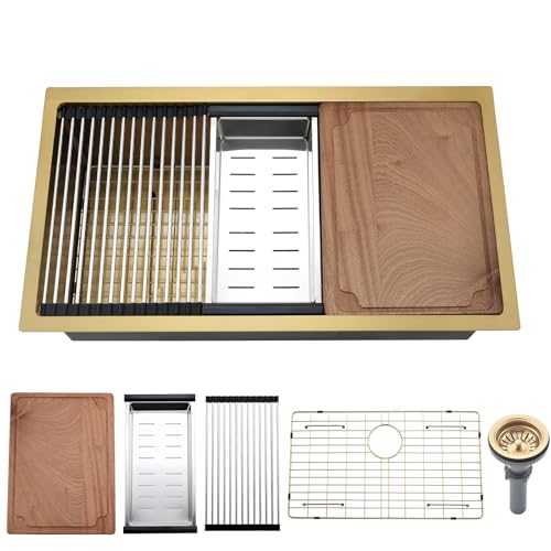 WMXQX 28 Gold Unterbau-Küchenspüle, 71,1 x 45,7 cm, goldfarben, Küchenspüle, Unterbau, Arbeitsplatz, 16 Gauge, Edelstahl, 25,4 cm tief, Einzelbecken mit Zubehör WMXQX 28 Gold Unterbau-Küchenspüle, 71,1 x 45,7 cm, goldfarben, Küchenspüle, Unterbau, Arbeitsplatz, 16 Gauge, Edelstahl, 25,4 cm tief, Einzelbecken mit Zubehör von WMXQX