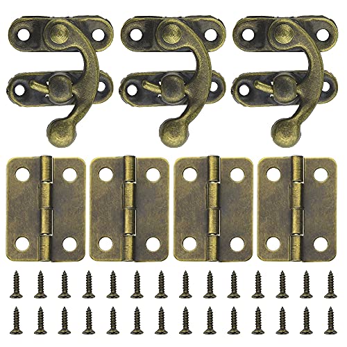 WMYCONGCONG 60 Stück Mini-Scharniere 24 x 18 mm antikes kleines Scharnier und 30 Sets 27 x 32 mm bronzefarbener rechter Verschlusshaken Hasp-Verschluss mit Schrauben für Holz-Schmuckkästchen von WMYCONGCONG