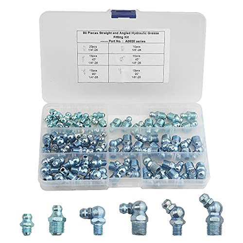 WMYCONGCONG 80 Stück Sortimentssatz für hydraulische Schmiernippel nach SAE-Standard, einschließlich gerader, 90-Grad- und 45-Grad-Schmiernippel zum Ersetzen fehlender oder defekter Schmiernippel von WMYCONGCONG