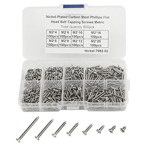 WMYCONGCONG 800 Stück M2 Philips-Flachkopf-Blechschrauben Sortiment Kit Kit vernickelter Kohlenstoffstahl Mini-Holzschrauben mit Box (Silber) von WMYCONGCONG
