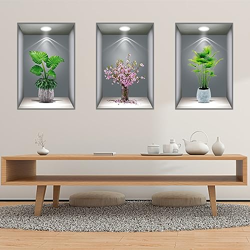 3 Stück 3D Wandaufkleber Vase, Vasen Wandtattoo für Wohnzimmer, Grüne Pflanze Wandsticker, DIY Wandbild Vinyl-Wandabziehbilder, Selbstklebend für Wohnzimmer,Schlafzimmer,Küche,Büro (40 x 60 CM, C) von WMYYLX