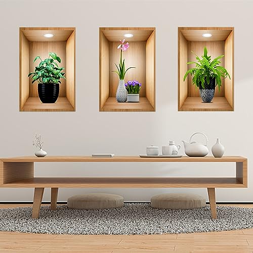 3 Stück 3D Wandaufkleber Vase, Vasen Wandtattoo für Wohnzimmer, Grüne Pflanze Wandsticker, DIY Wandbild Vinyl-Wandabziehbilder, Selbstklebend für Wohnzimmer,Schlafzimmer,Küche,Büro (40 x 60 CM, B) von WMYYLX