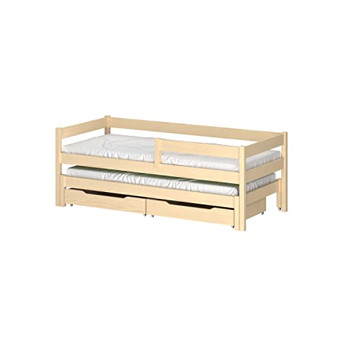 WNM Group Kinderbett JULA mit Rausfallschutz und Lattenrost - Bett mit Schubladen - Jugendbett - Gebleichte Eiche - 180x90/170x80 cm von WNM Group