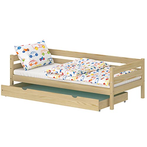 WNM Group Kinderbett für Mädchen und Jungen Kaira - Jugenbett aus Massivholz - Bett mit Schubladen - Funktionsbett 180x90 cm - Natürliche Kiefer von WNM Group