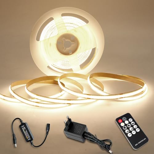 COB LED Streifen Warmweiss 10M, LED Stripe Dimmbar 24V 3000K, lichtband led selbstklebend Wasserdicht IP44, Lichtleiste mit Netzteil und Controller für Unterbau, TV Küche Wohnzimmer DIY (4000k, 10m) von WNSNOU