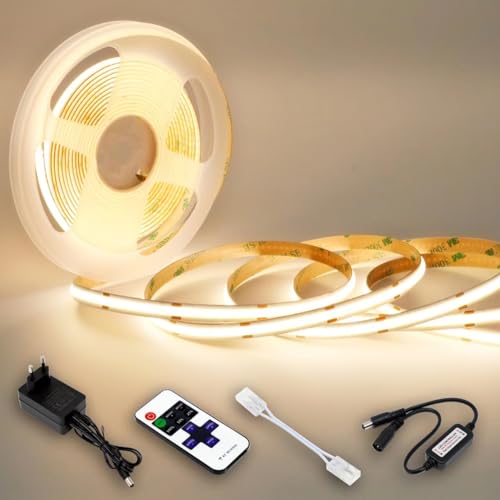 WNSNOU COB-LED-Streifen, 3000 K, 5 m DC24 V, warmweiß, mit Netzteil und Fernbedienung, 480 LEDs/M, CRI 93+, Breite 8 mm, COB-Lichtstreifen, dimmbar, für Schlafzimmer, Dekoration des Hauses von WNSNOU