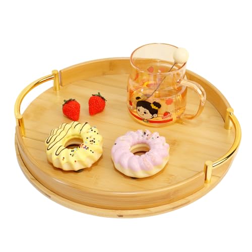 Tablett Serviertablett, Bambus Serviertablett mit Griffe aus Metall,Holz Tablett Küchentablett Servierplatte Frühstückstablett für Frühstück, Tee, Couchtisch, Küchen Deko Tablett von WNYDTSOG