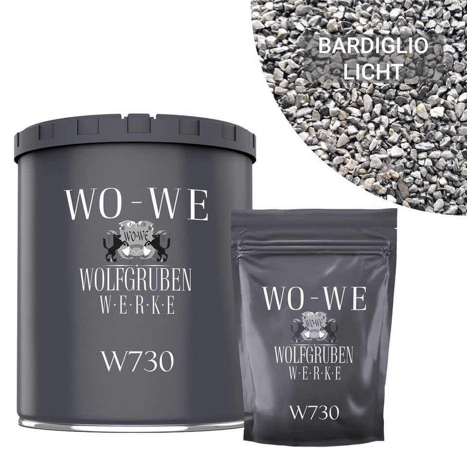 WO-WE Korngröße 4-8mm Bodenfliese Steinteppich Set Marmorkies Bodenbeschichtung W730 2qm, Lichtgrau - Bardiglio Licht, Set, 25KG Marmorkies + 1,5KG 2k Bindemittel von WO-WE