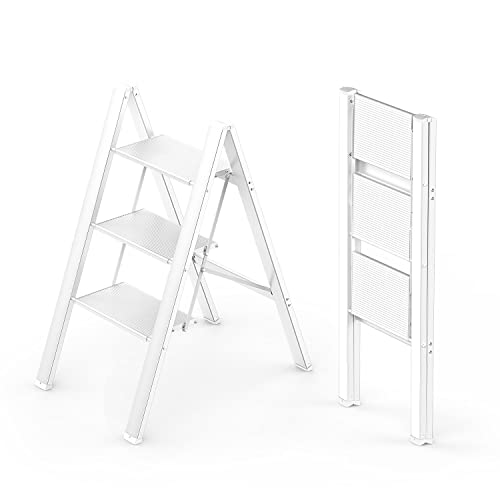 WOA WOA 3-stufige Leiter, faltbare Trittleiter mit rutschfestem Pedal, leichte tragbare Leitern, Aluminium-Tritthocker für Zuhause, Küche, Büro, 136 kg, Weiß von WOA WOA