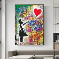 Leinwand Banksy, Gerahmt, Leinwanddruck, Holzrahmen, Wandkunst, Leinwand, Graffiti, Urban, Herzballon, Mädchen, Banksy Girl, Love von WOANUK