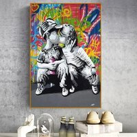 Leinwand Banky, Junge Leinwand, Leinwanddruck, Mädchen Bilderdruck, Kiss Canvas, Boy Gild Kissing, Wandkunst, Druck, Banksy, Graffiti von WOANUK