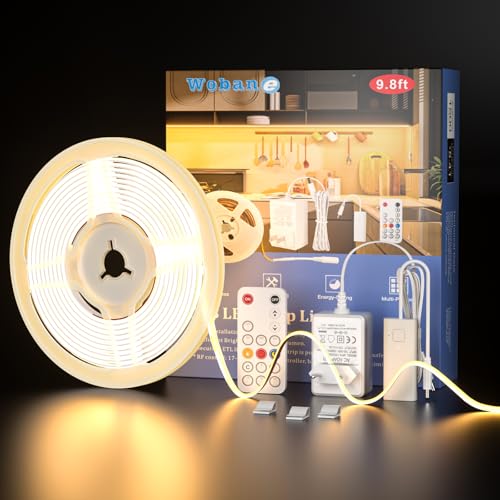 WOBANE COB LED Streifen Warmweisß Dimmbar, 3m 960 LEDs,Super Hell LED Strip mit Fernbedienung & Netzteil,12v Unterbauleuchte,Flexibles LED Band für Küche,Schreibtisch,Werkbank,DIY,CRI 90+,1500lm von WOBANE