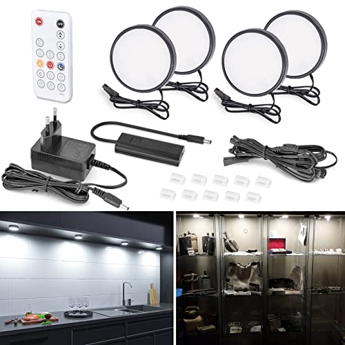 WOBANE Dimmbare LED Schrankleuchten, 4er LED küchenunterbauleuchte mit RF Fernbedienung,Superhell 6000K Kaltweiß Unterbauleuchte,für Küche,Schrank,Regale,Vitrinen,Kleiderschrank, Schwarz von WOBANE