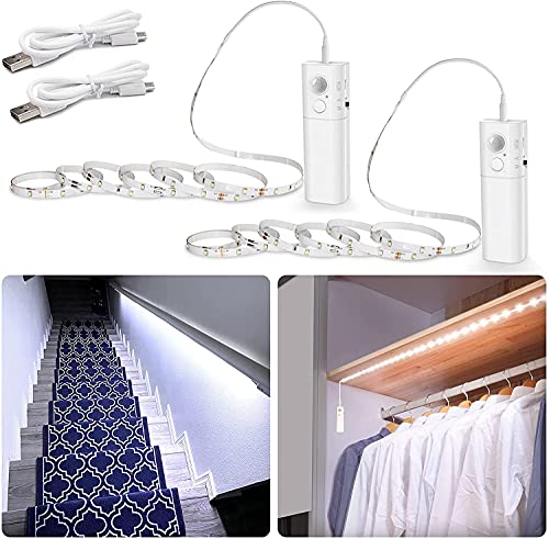 WOBANE LED Band mit Bewegungsmelder, Wiederaufladbar Kleiderschrank Beleuchtung,2m LED Sensor Licht Schrankleuchten, LED Schrankbeleuchtung für Küche,Kleiderschrank,Treppe,Bett,6000K Weiß,2 pack von WOBANE