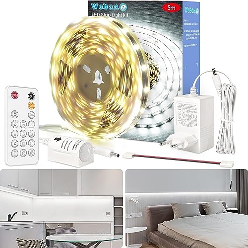 WOBANE LED Band mit Bewegungsmelder,5m LED Strip Weiß Dimmbar,Superhell LED Streifen mit Fernbedienung,LED Nachtlicht für Küche,Unterschrank,Schlafzimmer,Korridor,12V,300LEDs,Timing Aus,6000K von WOBANE