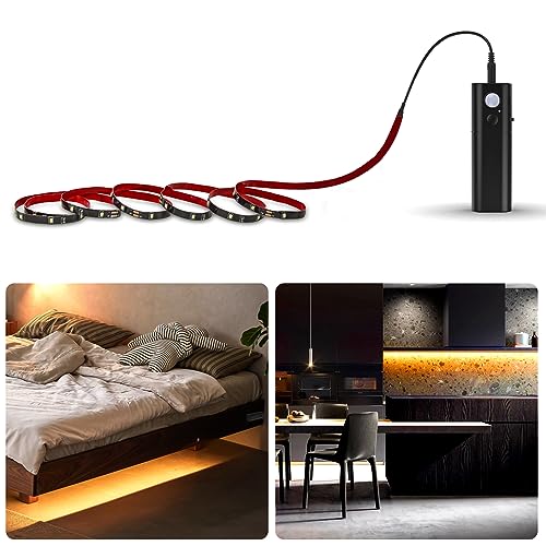 WOBANE LED Band mit Bewegungsmelder,Wiederaufladbar Kleiderschrank Beleuchtung,2m Warmweiß LED Sensor Licht Schrankleuchten, LED Schrankbeleuchtung für Küche,Kleiderschrank,Treppe,Bett,1 pack,Schwarz von WOBANE