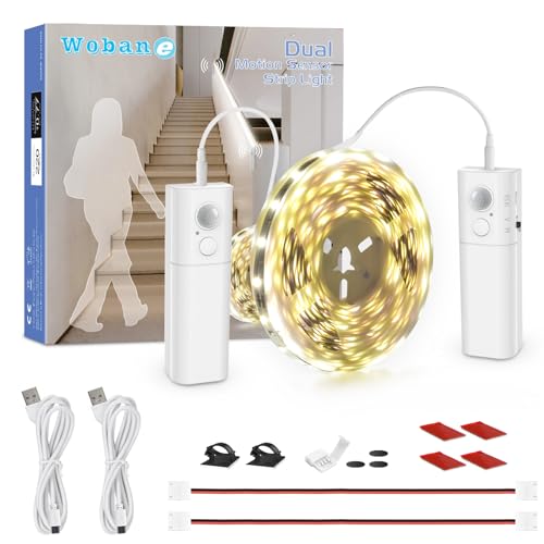 WOBANE LED-Streifen mit doppeltem Bewegungssensor, 5 Meter, LED-Streifen, wiederaufladbar, batteriebetrieben, selbstklebend, für Treppen, Kleiderschrank, Bett, Flur, kaltweiß 6000 K WOBANE LED-Streifen mit doppeltem Bewegungssensor, 5 Meter, LED-Streifen, wiederaufladbar, batteriebetrieben, selbstklebend, für Treppen, Kleiderschrank, Bett, Flur, kaltweiß 6000 K von WOBANE
