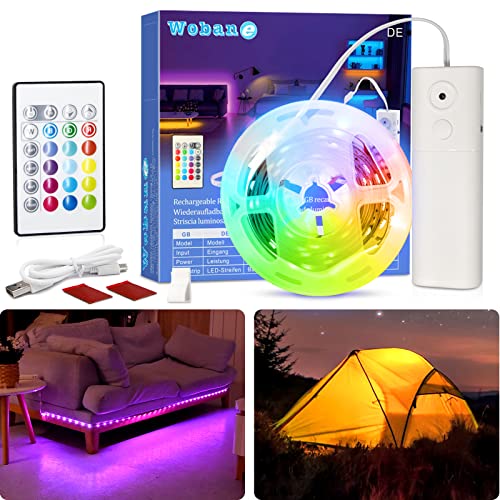 WOBANE Wiederaufladbare RGB-LED-Streifen mit Fernbedienung, 2000 mAh batteriebetriebenes Lichtband, 2 m farbwechselnde LED-Lichter für Schlafzimmer, Party, Regal, Sofa, Urlaub, DIY Innendekoration von WOBANE