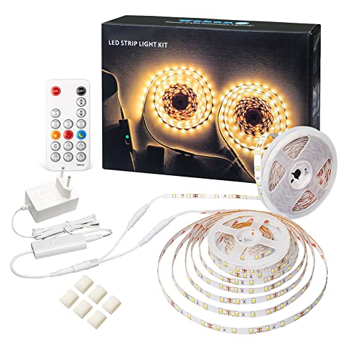 WOBANE 10m LED Strip Warmweiss Dimmbar, 3000K LED Lichtband mit RF Fernbedienung,Flexibel 12V LED Streifen mit Timing Modus, 600 LEDs Warmweiß Leiste für Unterschrank,Schlafzimmer Deko,Party,2 polig von WOBANE