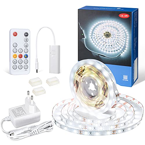 WOBANE LED Strip 5M Set, LED Streifen Weiß Dimmbar,Superhell 6000K Kaltweiß LED Leiste mit RF Fernbedienung,300 LEDs,LED Lichtband mit 12V Netzteil,für Spiegel,Küche,Unterschrank,Schlafzimmer von WOBANE