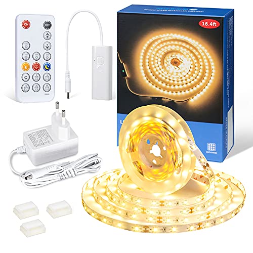 WOBANE LED Strip Warmweiss Dimmbar,LED Streifen 5m mit RF Fernbedienung,12V Flexibel LED Lichtleiste mit Timing Modus,Superhell 3000K LED Band für Küche,Unterschrank,Schlafzimmer,DIY Deko,300 LEDs von WOBANE