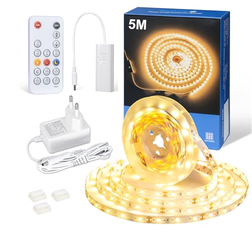 WOBANE 5m LED Strip Warmweiß Dimmbar,Timing,12V LED Streifen mit Fernbedienung,Superhell 3000K Band für Schlafzimmer,Küche,Unterschrank,DIY Deko,Flexibel,300 LEDs von WOBANE