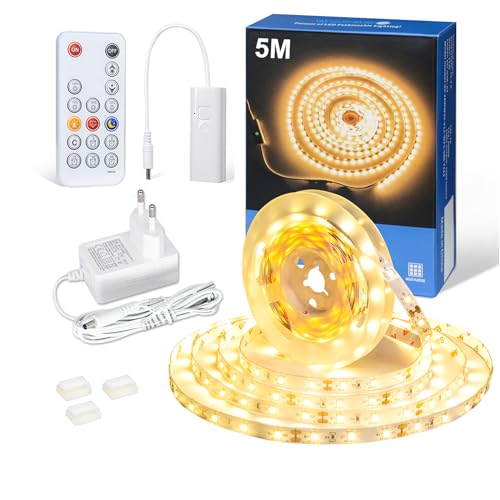 WOBANE LED Strip Warmweiss Dimmbar,LED Streifen 5m mit RF Fernbedienung,12V Flexibel LED Lichtleiste mit Timing Modus,Superhell 3000K LED Band für Küche,Unterschrank,Schlafzimmer,DIY Deko,300 LEDs von WOBANE