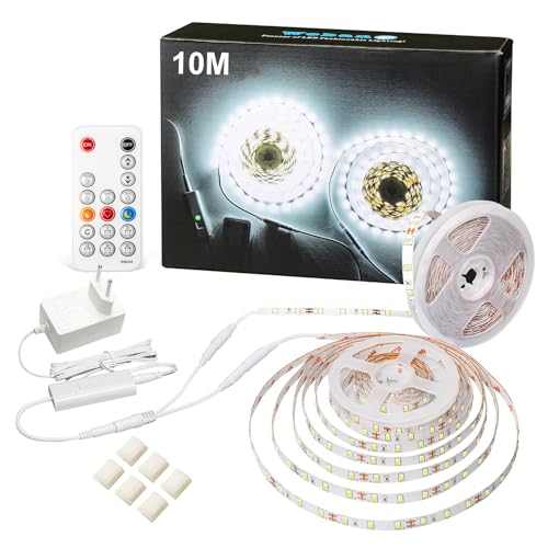 WOBANE LED Strip Weiß Dimmbar 10M Set,12V Selbstklebend LED Streifen,Superhell 6500K Kaltweiss LED Band mit RF Fernbedienung,LED Leiste mit 600 LEDs,für Innen,Küche,Unterschrank,Esszimmer,Hochzeit von WOBANE